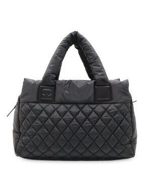 Chanel Coco Cocoon Tote Bag Quilted Nylon Leather Black Silver